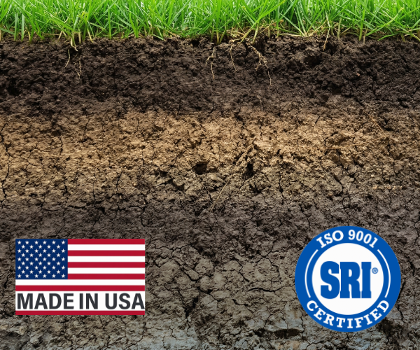Ground screw installed in soil with USA flag and ISO certification