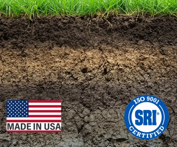 Ground screw installed in soil with USA flag and ISO certification