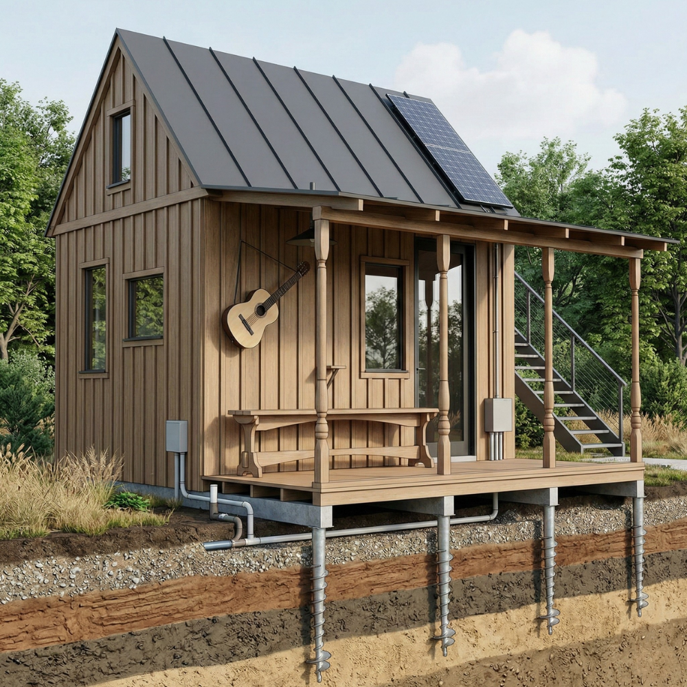 Small cabin with covered patio built on ground screw foundations