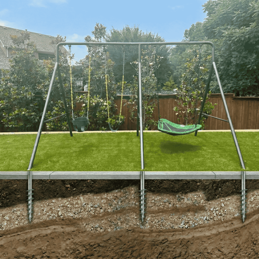 Ground screw anchor foundation for a swing set
