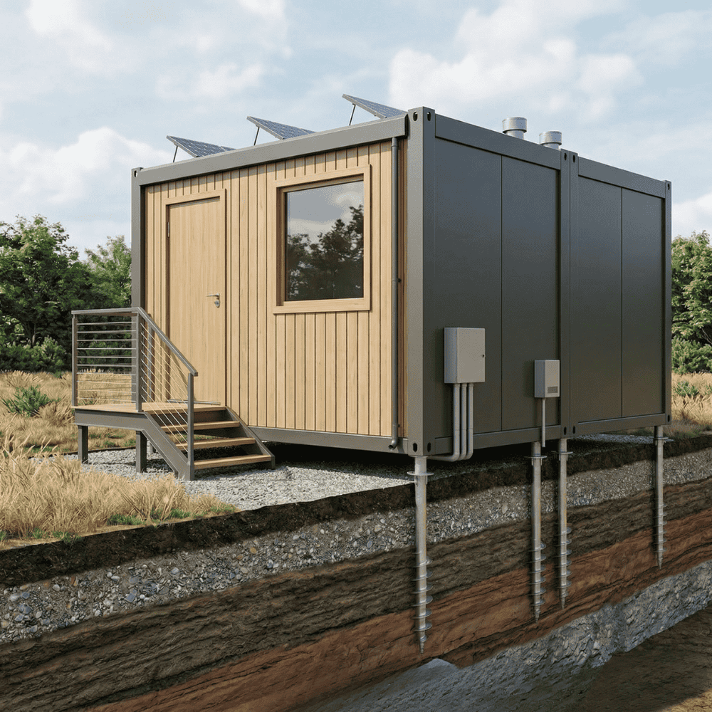 Temporary work office on ground screw foundations