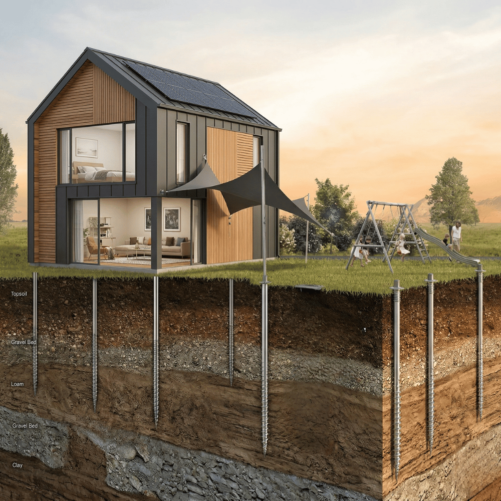 Residential home with ground screw foundation